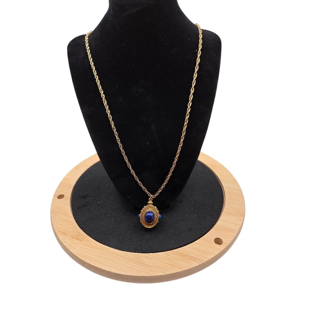 Gold Tone Rope Chain Necklace Blue Cabochon Pendant Unmarked Statement Piece